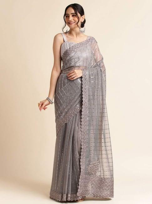 fabmora grey embellished saree with unstitched blouse