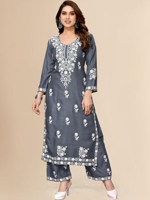 fabmora grey embroidered kurta palazzo set