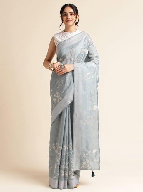 fabmora grey embroidered saree with unstitched blouse