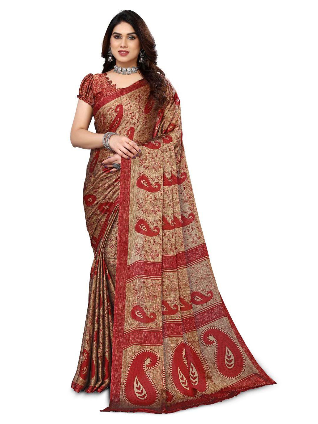 fabmora maroon & beige paisley poly chiffon saree