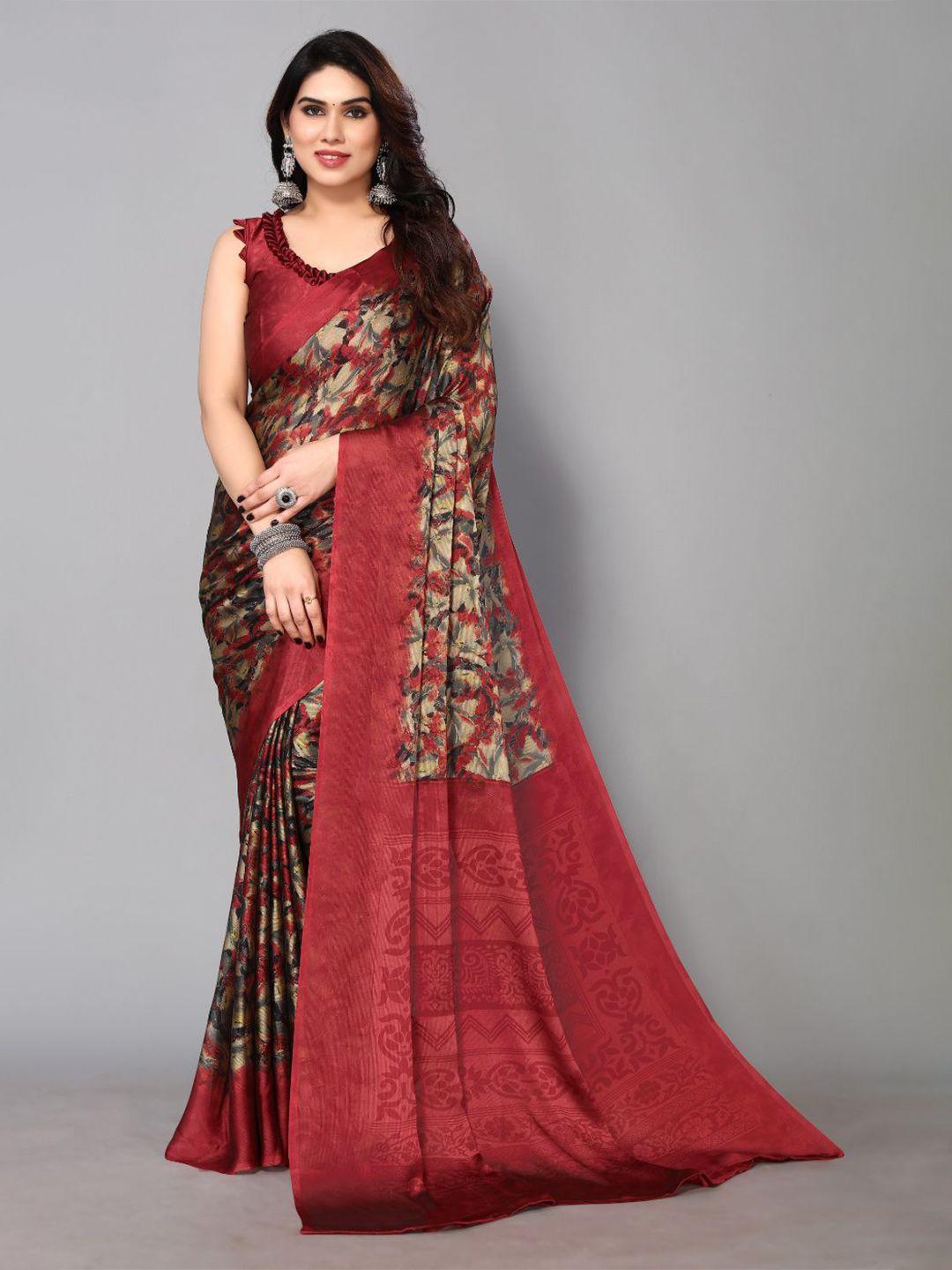 fabmora maroon & cream-coloured poly chiffon saree