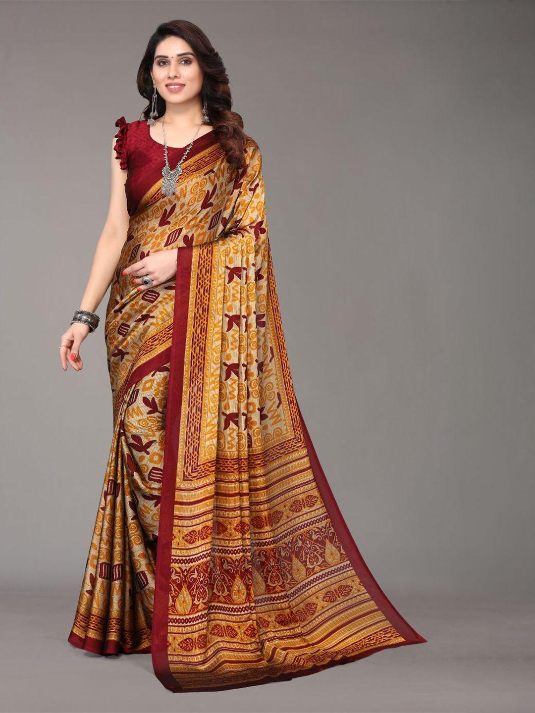 fabmora maroon & mustard floral poly chiffon saree