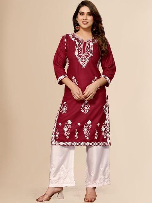 fabmora maroon & white embroidered kurta palazzo set