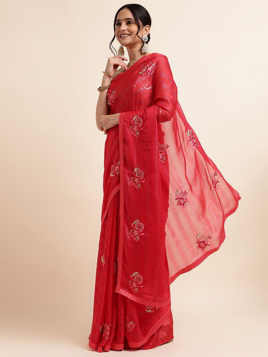 fabmora maroon embellished embroidered poly chiffon designer saree