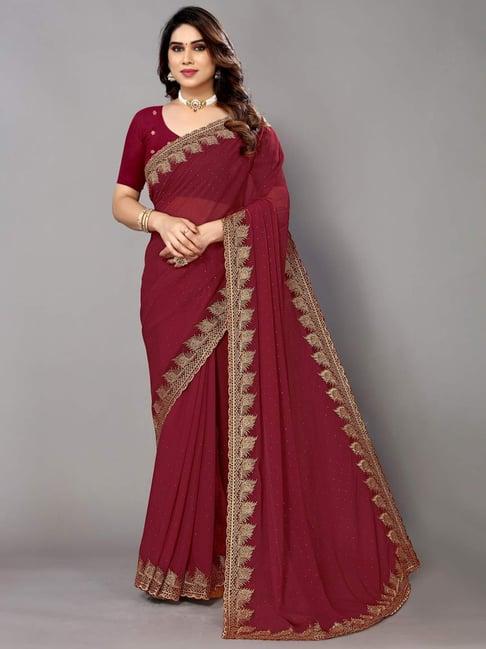 fabmora maroon embellished saree with unstitched blouse