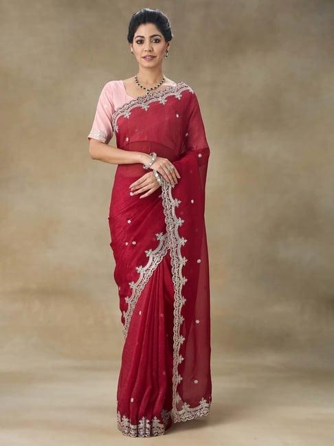 fabmora maroon embroidered saree with blouse