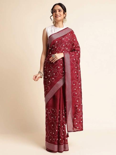 fabmora maroon embroidered saree with unstitched blouse