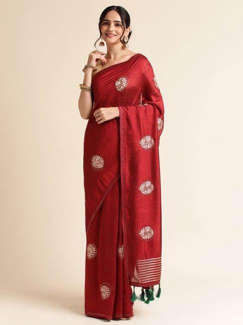 fabmora maroon embroidered saree with unstitched blouse