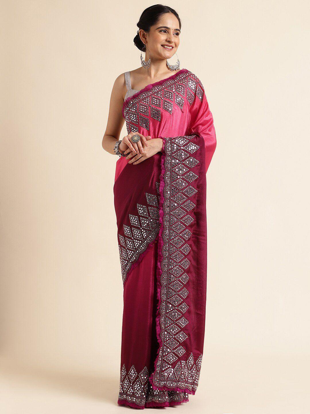 fabmora mirror work pure georgette fusion saree