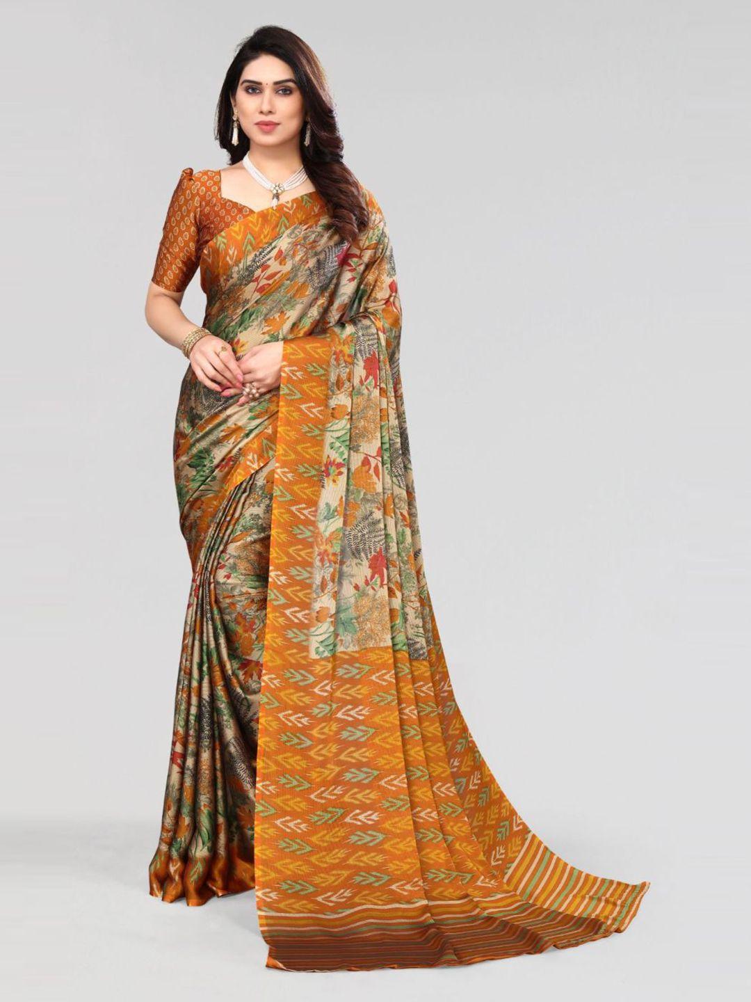 fabmora mustard & green floral poly chiffon saree