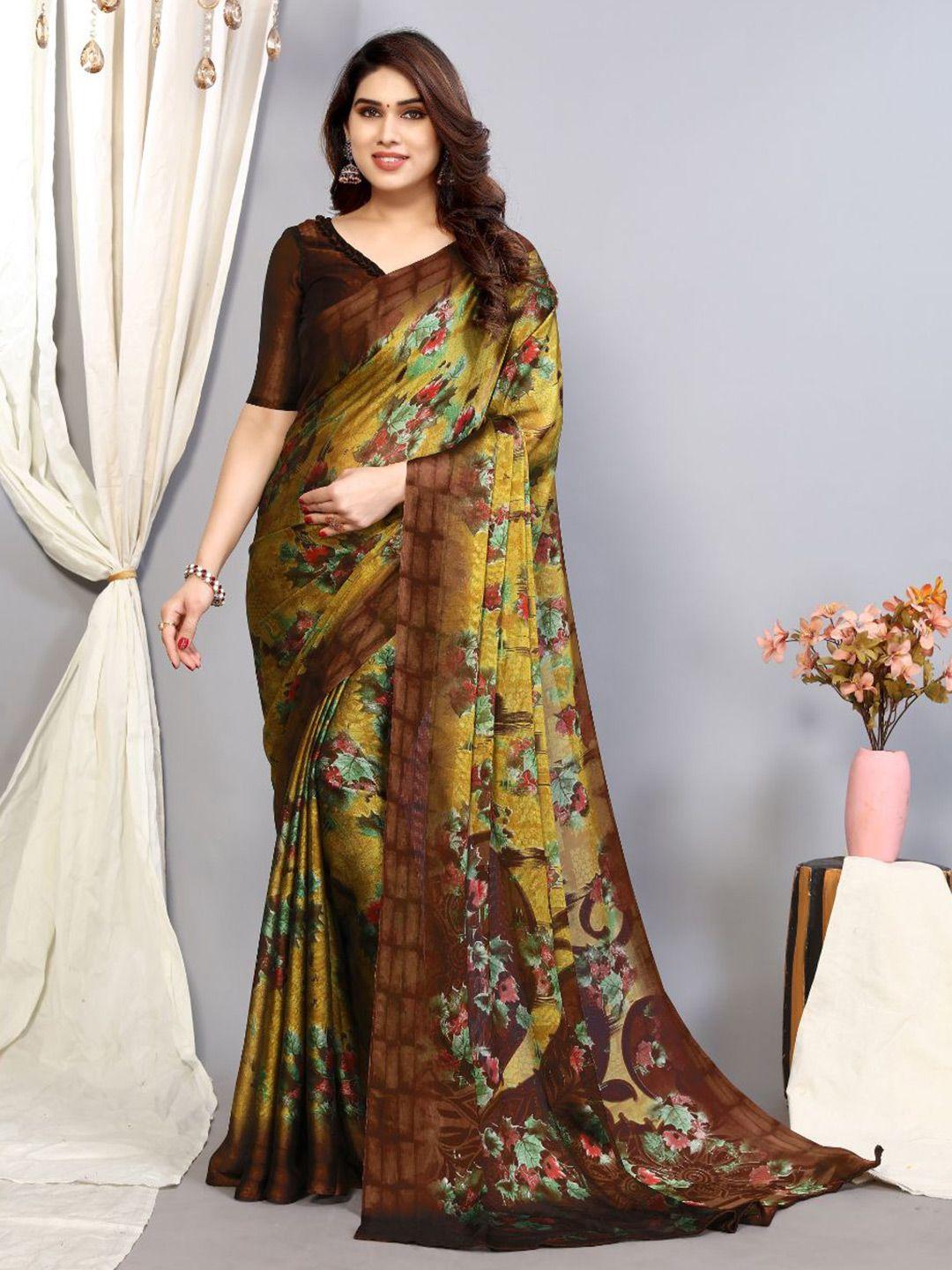 fabmora mustard & red floral poly chiffon saree