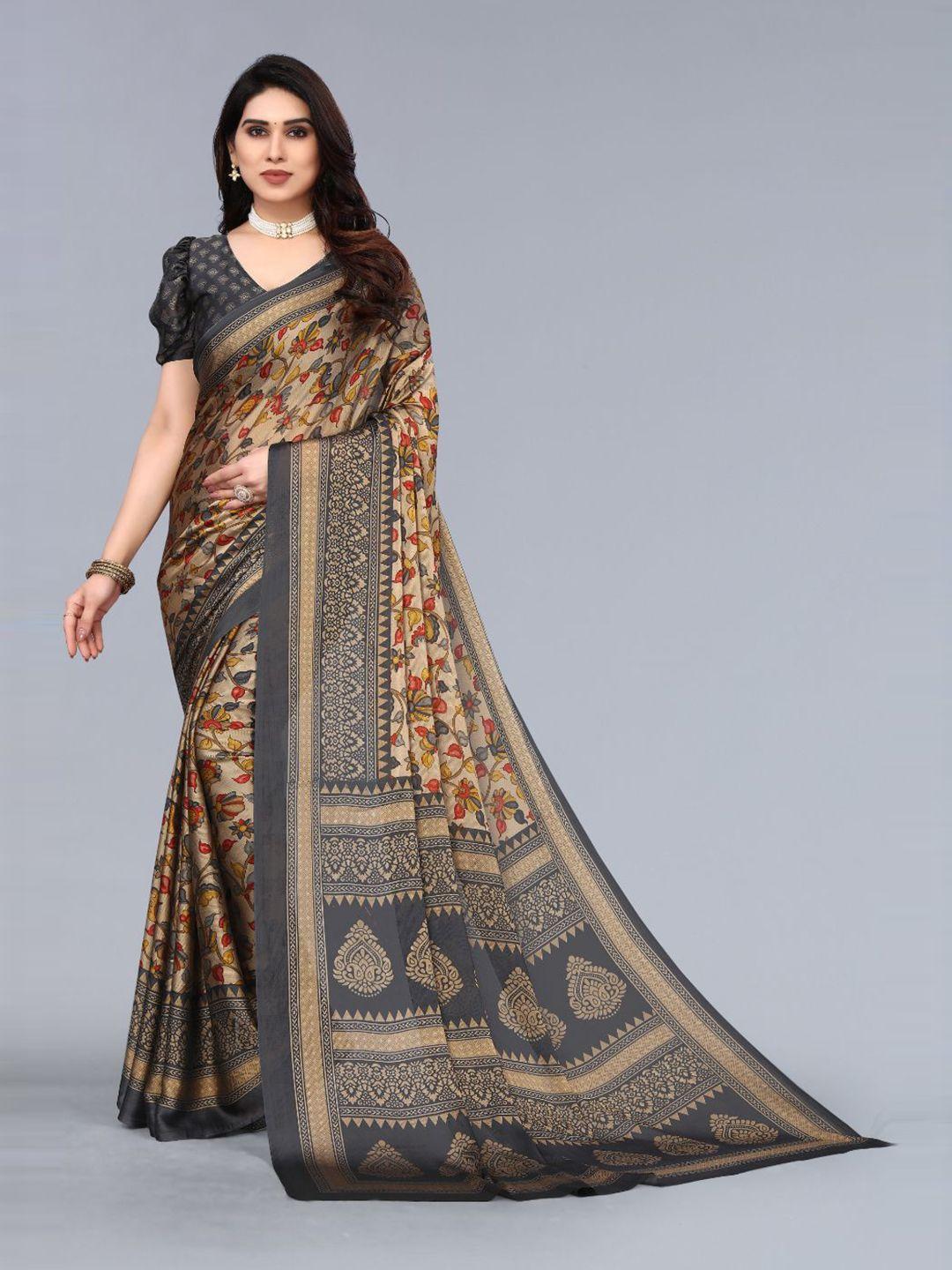 fabmora navy blue & beige ethnic motifs poly chiffon saree