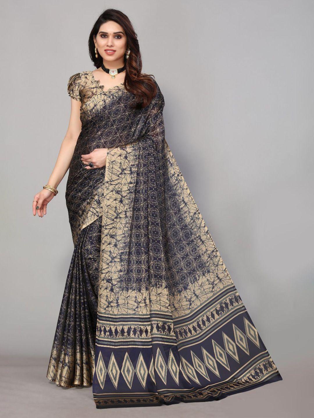 fabmora navy blue & cream-coloured poly chiffon saree