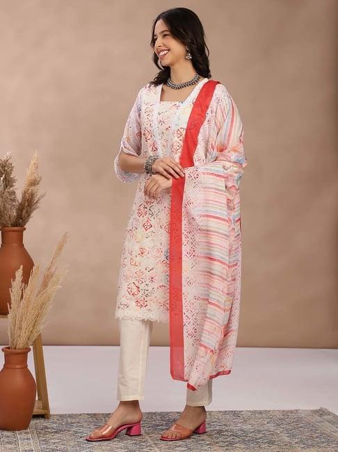 fabmora off-white cotton printed kurta pant set with dupatta