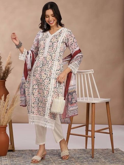 fabmora off-white cotton printed kurta pant set with dupatta