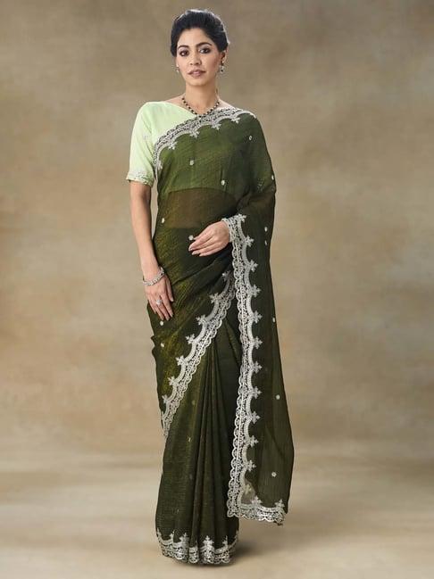 fabmora olive green embroidered saree with blouse