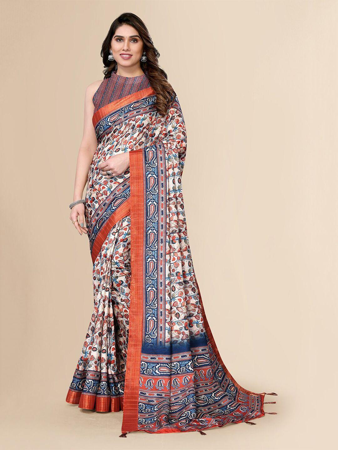 fabmora orange & blue paisley pure silk saree