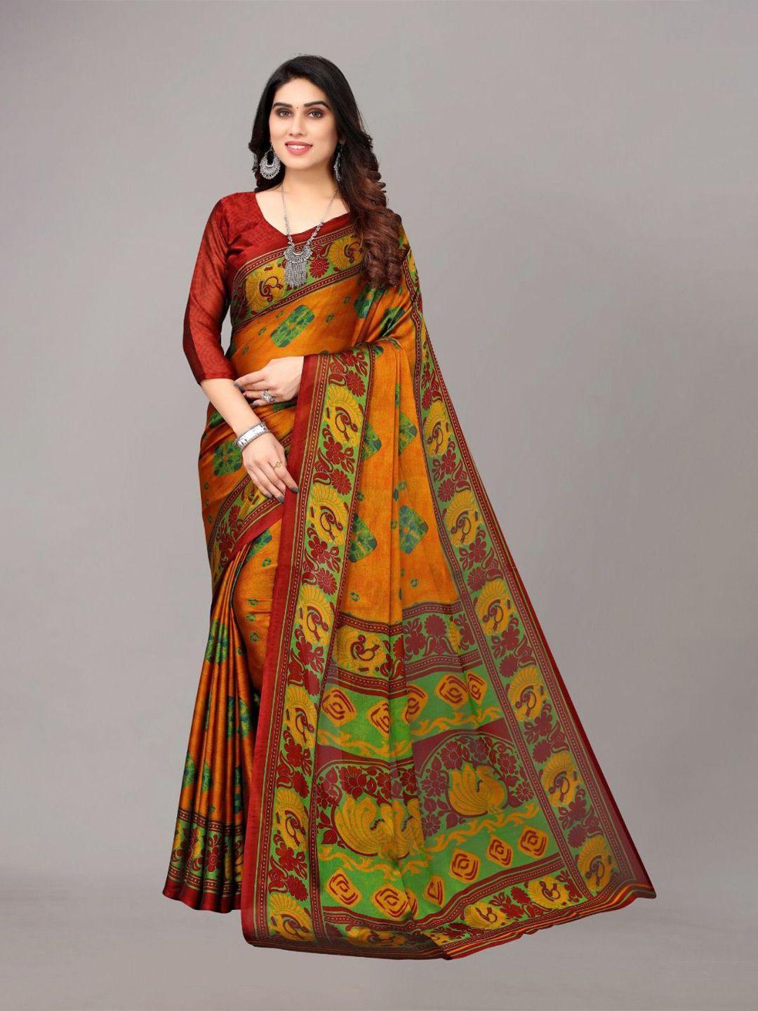 fabmora orange & green tie and dye poly chiffon saree