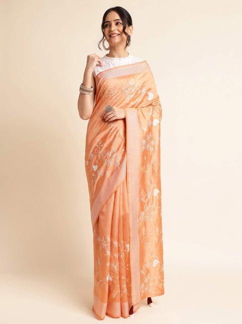 fabmora orange embroidered saree with unstitched blouse