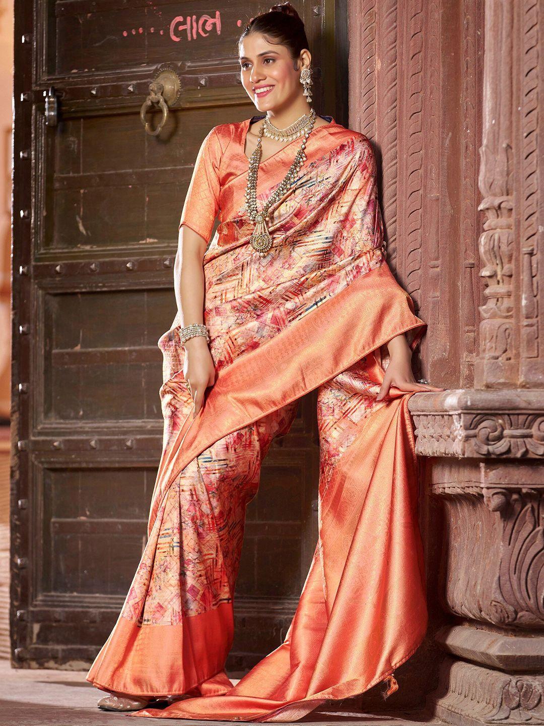 fabmora peach-coloured & blue kalamkari zari pure silk kanjeevaram saree