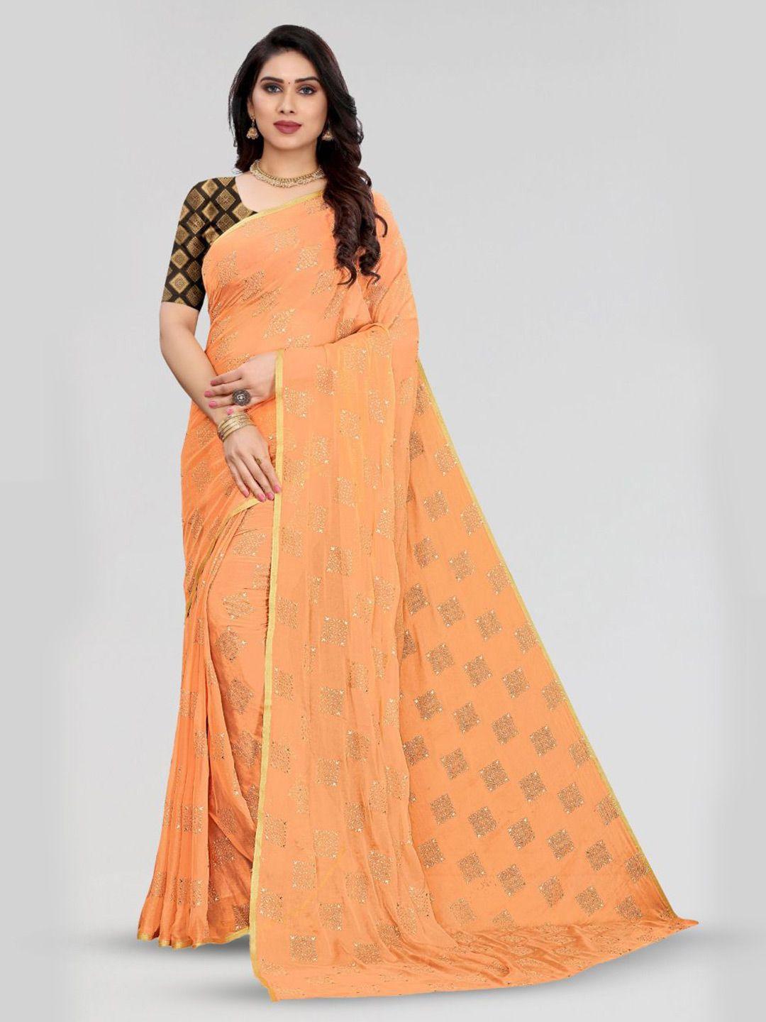 fabmora peach-coloured & gold-toned ethnic motifs zari poly chiffon saree