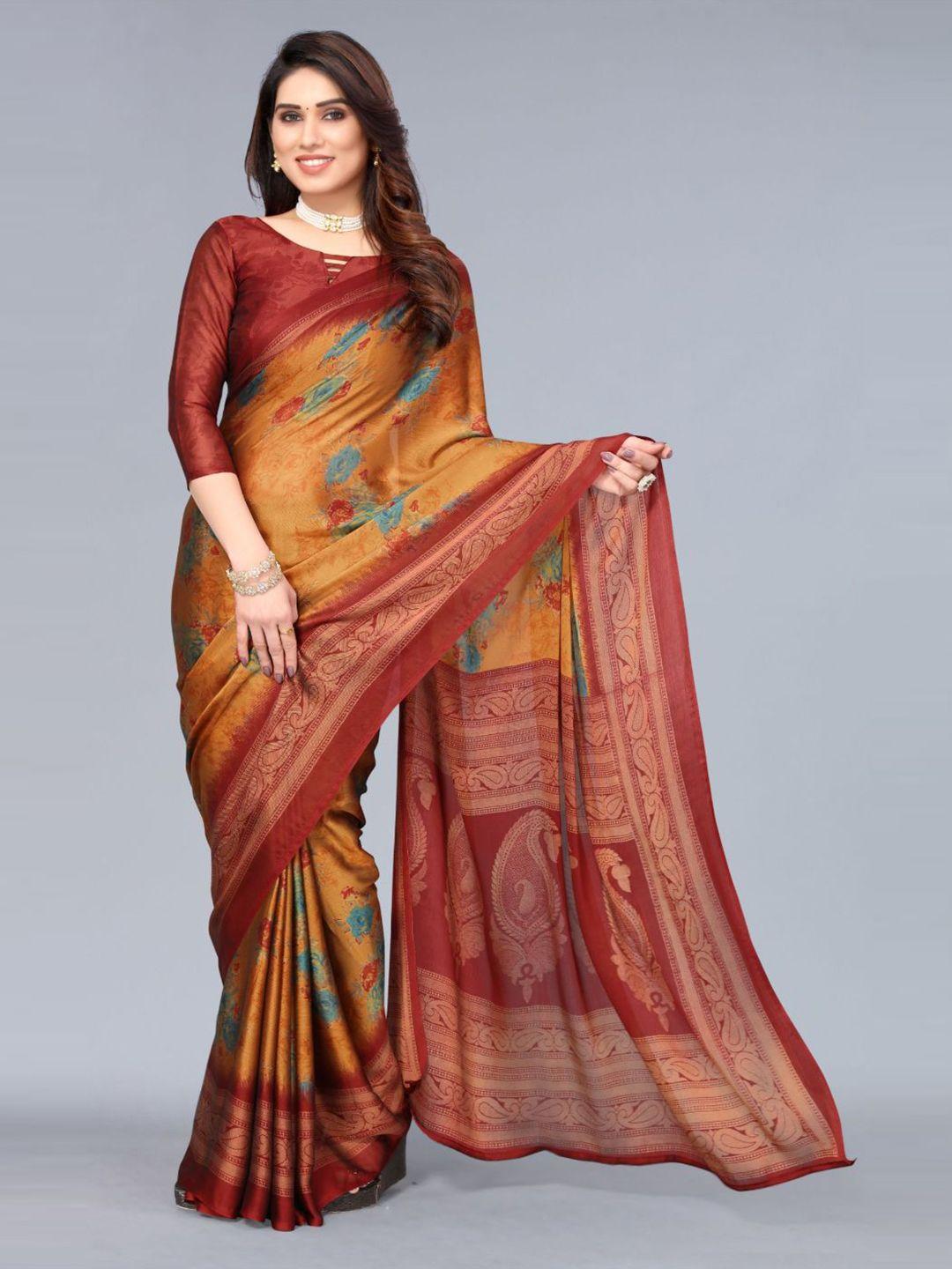 fabmora peach-coloured floral poly chiffon saree