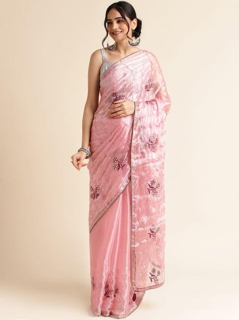 fabmora peach embellished saree with unstitched blouse