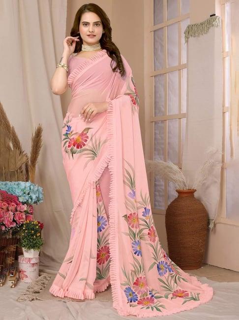 fabmora peach floral print saree with unstitched blouse