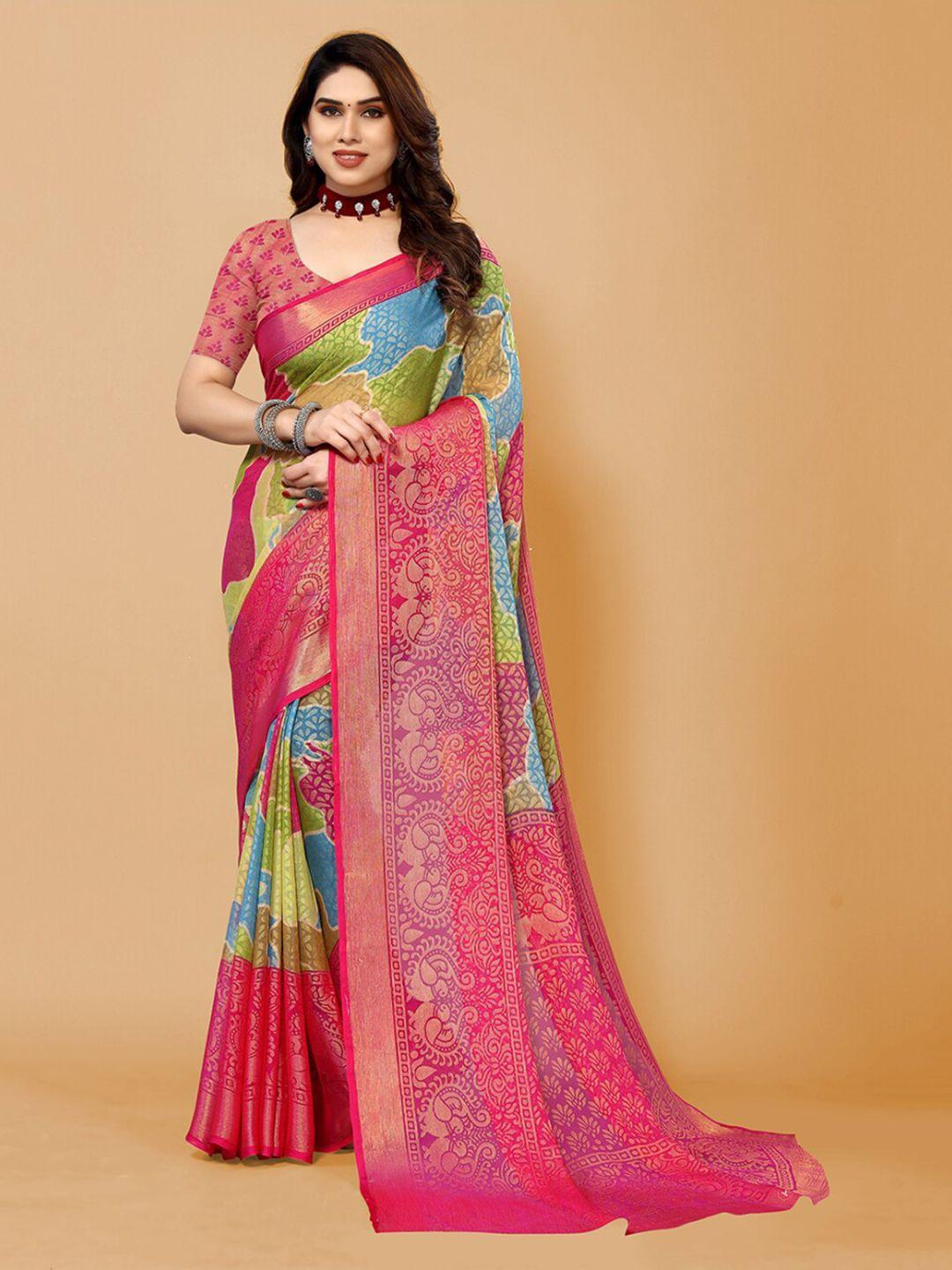 fabmora pink & blue zari poly chiffon saree