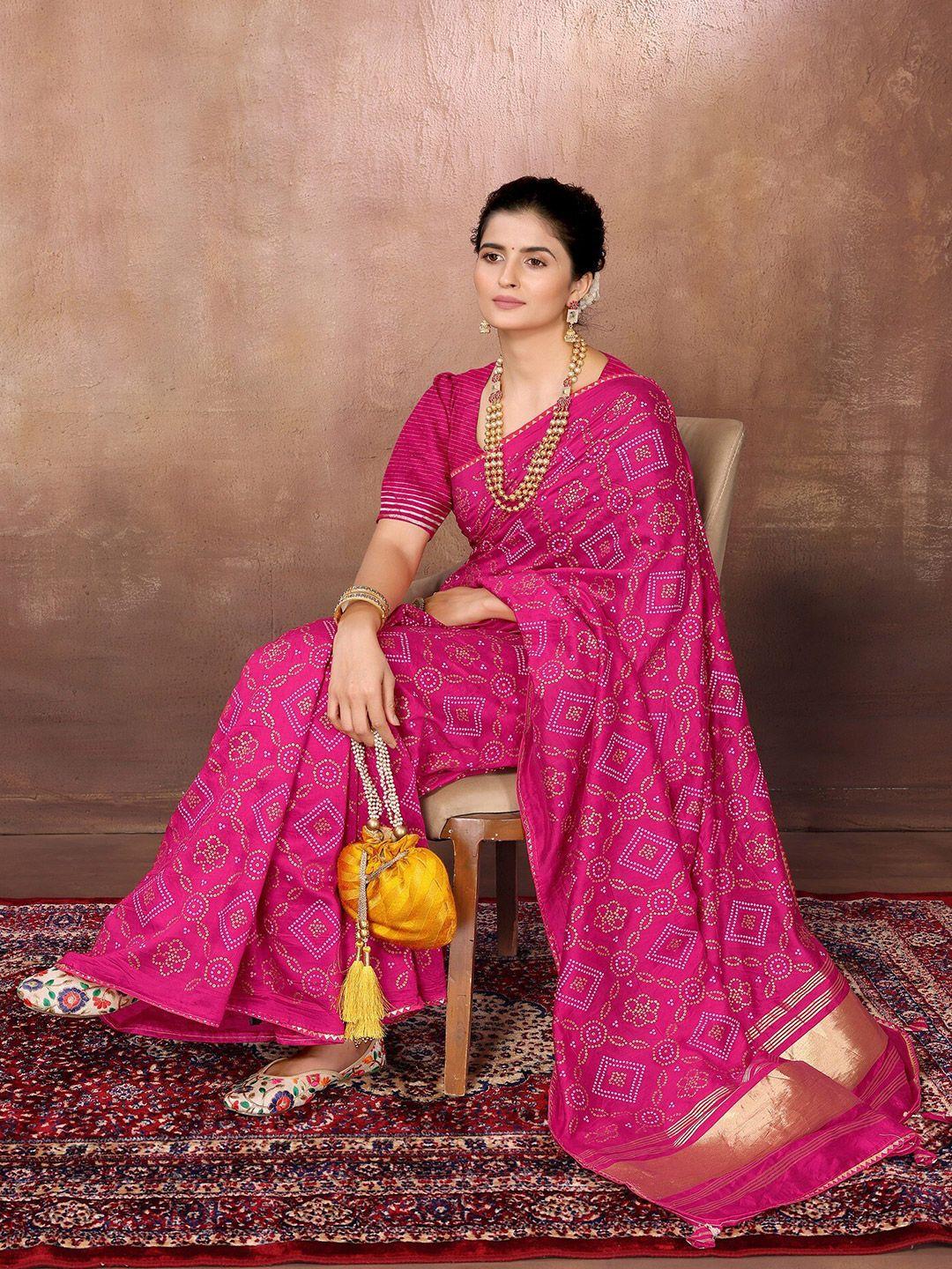 fabmora pink & gold-toned bandhani chanderi saree