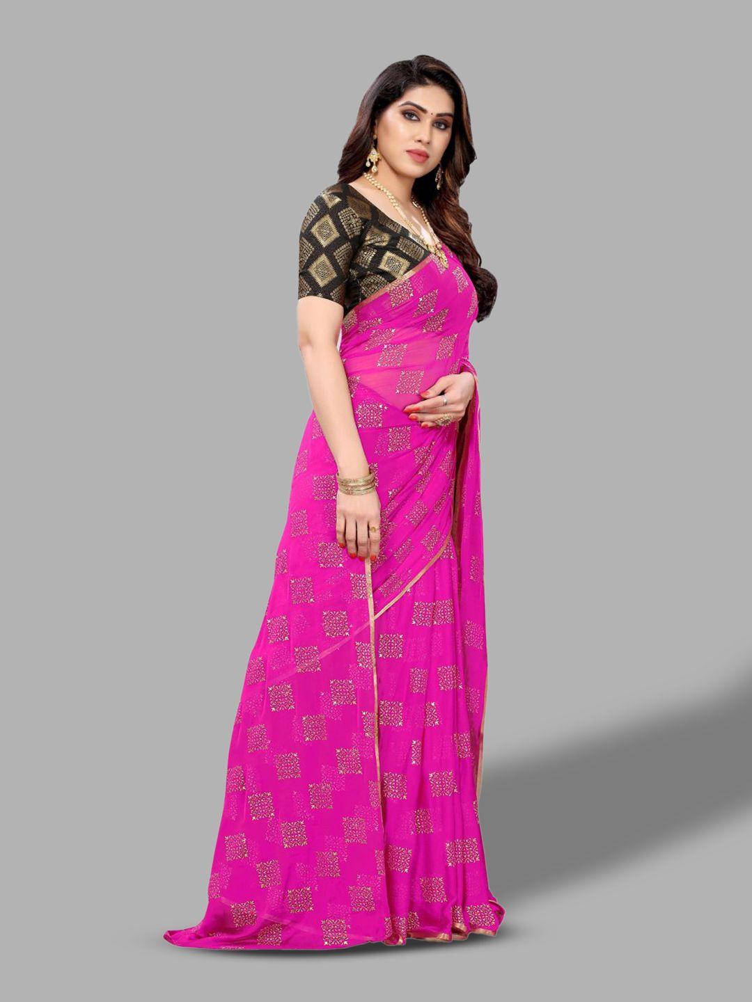 fabmora pink & gold-toned ethnic motifs poly chiffon saree