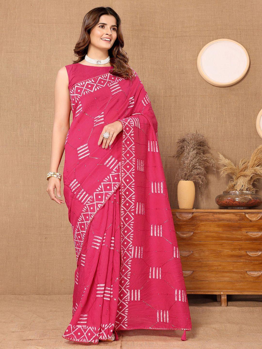 fabmora pink & white batik chanderi saree