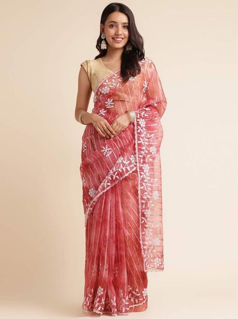 fabmora pink embroidered saree with unstitched blouse
