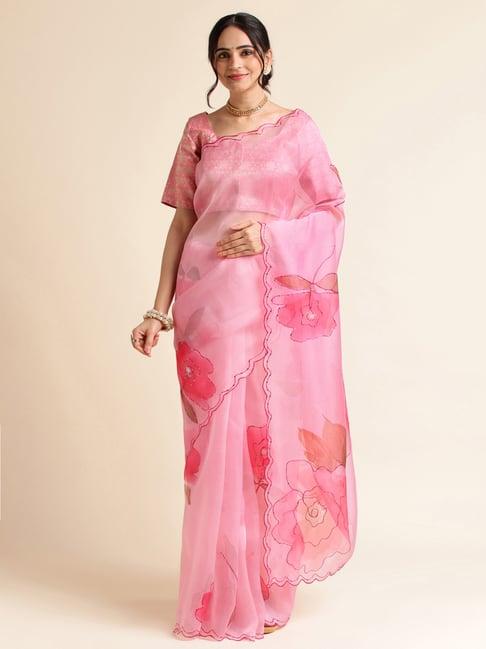 fabmora pink floral print saree with unstitched blouse