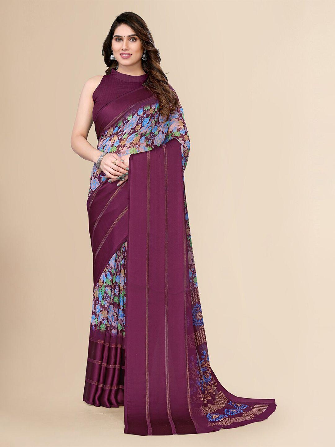 fabmora purple & blue ethnic motifs pure chiffon saree