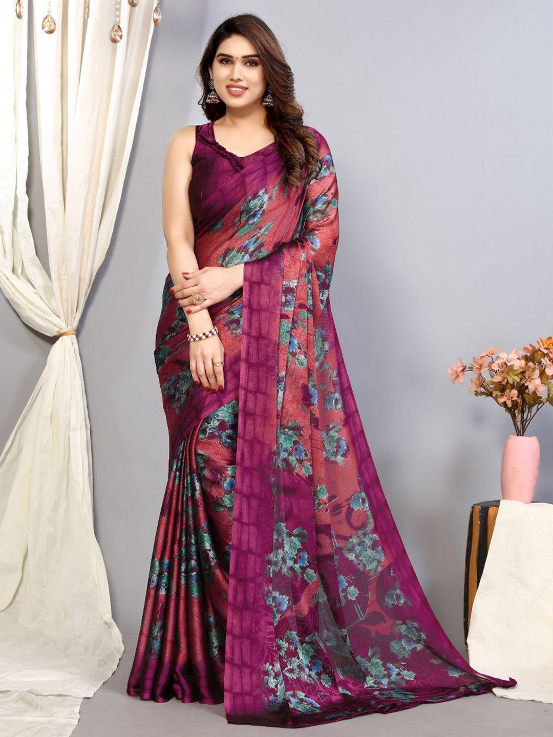 fabmora purple & blue floral poly chiffon saree