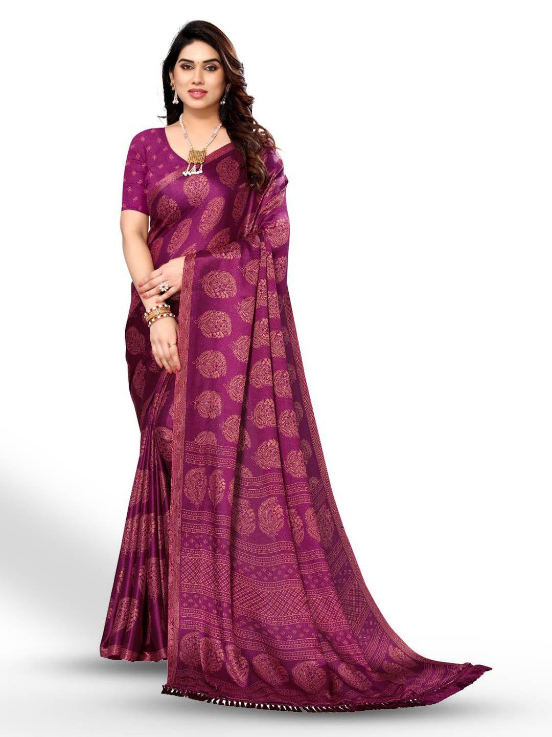 fabmora purple & gold-toned ethnic motifs pure chiffon saree