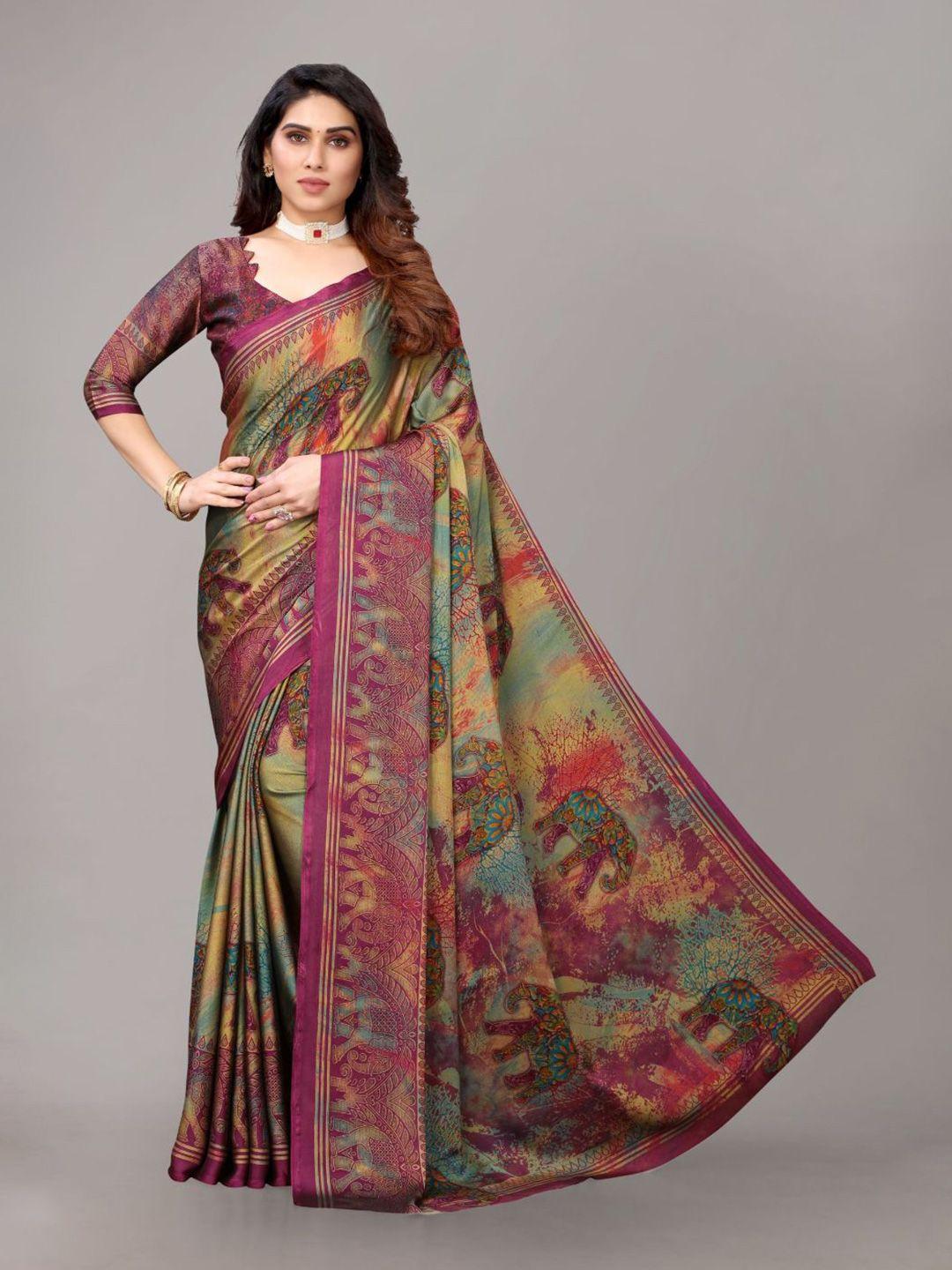 fabmora purple & green ethnic motifs poly chiffon saree