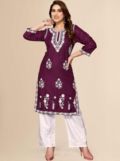 fabmora purple & white embroidered kurta palazzo set