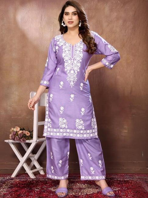 fabmora purple embroidered kurta palazzo set