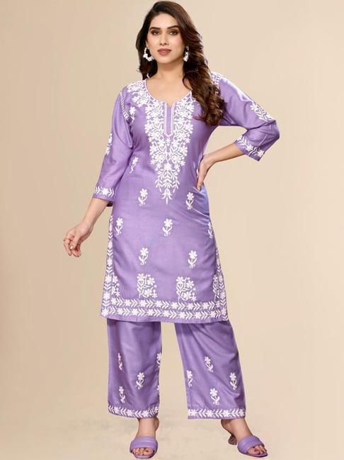 fabmora purple embroidered kurta palazzo set