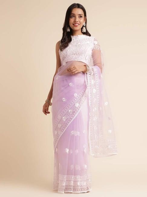 fabmora purple embroidered saree with unstitched blouse