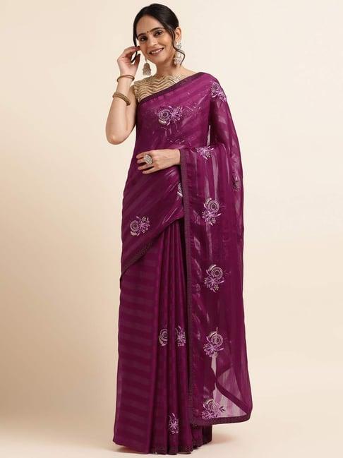 fabmora purple embroidered saree with unstitched blouse
