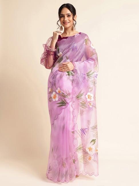 fabmora purple floral print saree with unstitched blouse