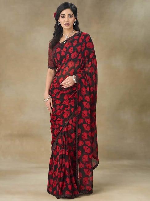 fabmora red & black floral print saree with blouse