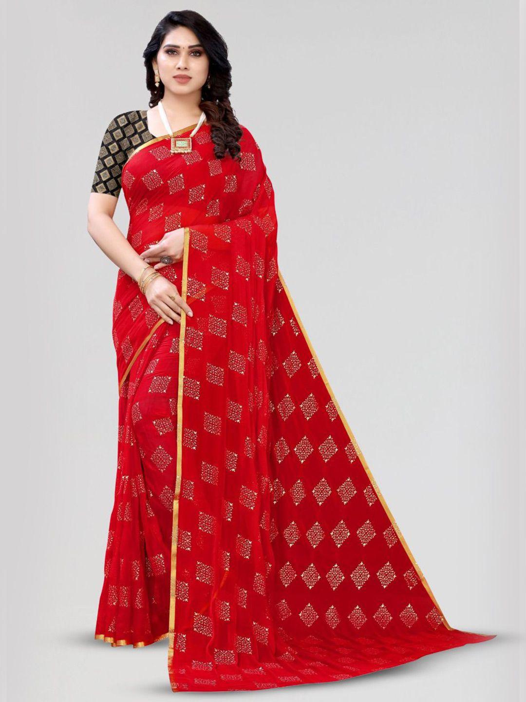 fabmora red & gold-toned zari poly chiffon saree