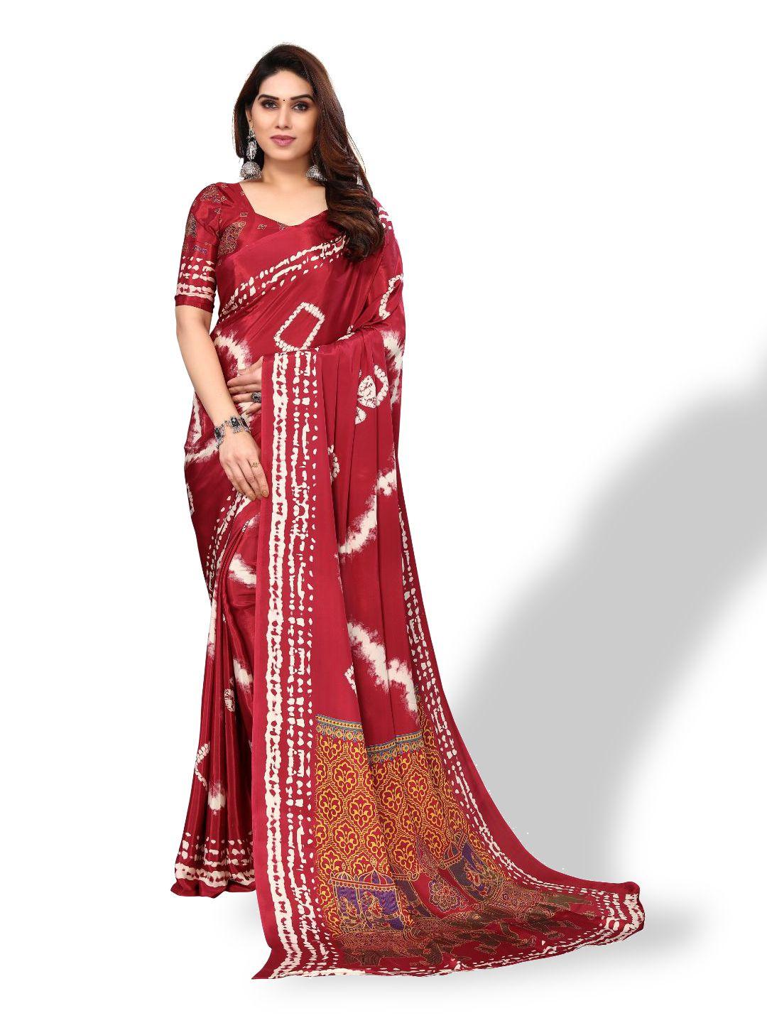 fabmora red & white tie and dye pure crepe saree