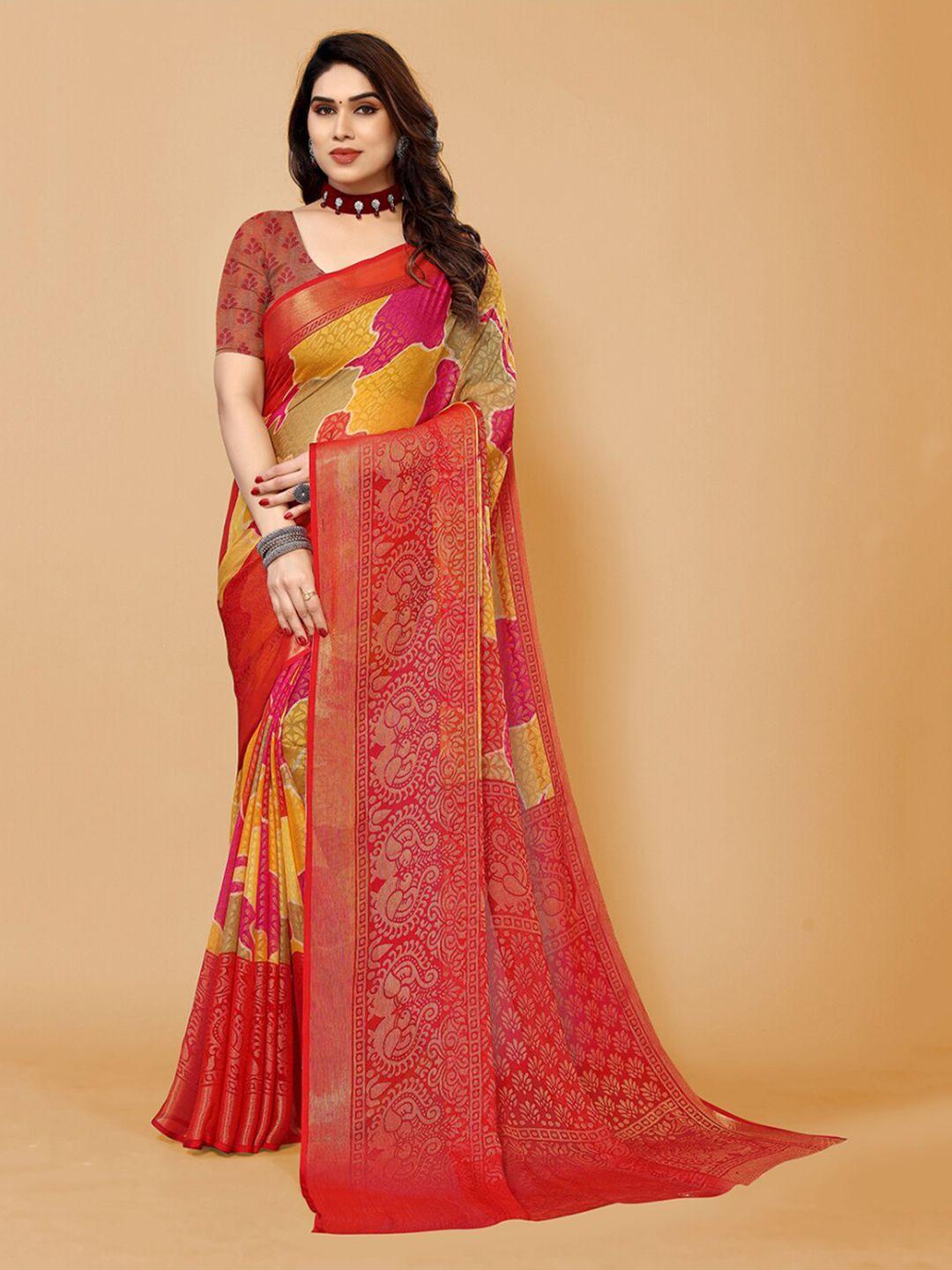 fabmora red & yellow zari poly chiffon saree