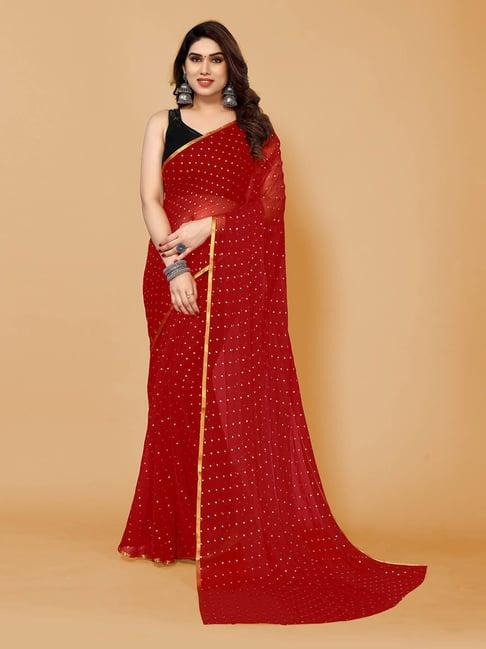 fabmora red chiffon embellished saree with unstitched blouse