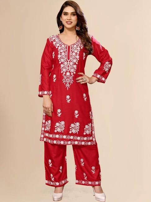 fabmora red embroidered kurta palazzo set